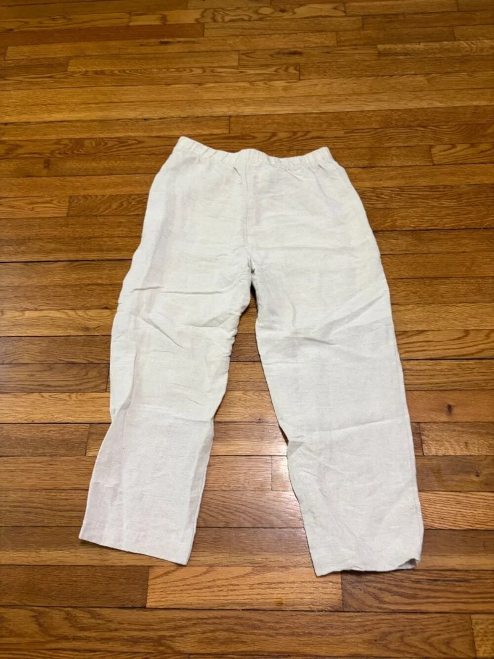 H&M Women's Cropped Pants Size Small Oatmeal Beige Linen Viscose Pull On Elastic